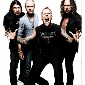 Вертикален постер Metallica Band Portrait с Джеймс Хетфийлд, Ларс, Кърк и Робърт на бял фон