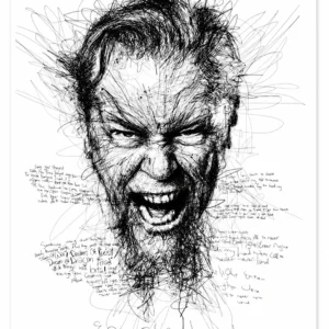 Черно-бял арт постер Metallica James Hetfield Enter Sandman с детайлен портрет от фини линии