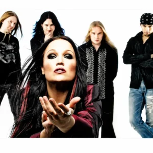 Хоризонтален постер Nightwish Band Portrait с Таря Турунен и групата на бял фон