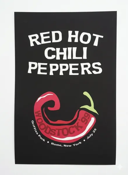 Черен постер Red Hot Chili Peppers Woodstock 99 с червена люта чушка и бели надписи