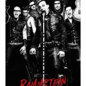Черно-бял самозалепващ плакат на Rammstein с червено лого и Тил Линдеман