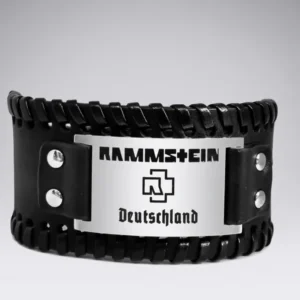 Черна кожена гривна Rammstein с гравирана плочка и лого Deutschland