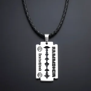 Метален стоманен медальон Rammstein с форма на бръснач и кожена верижка