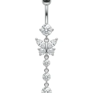 Блестяща обеца за пъп от медицинска стомана с висяща пеперуда и кристали