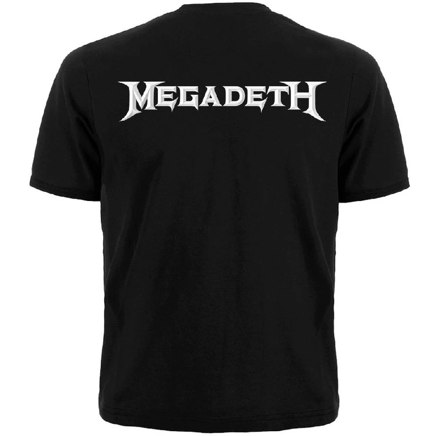 Текстово лого Megadeth върху памучна тениска с рок щампа на гърба
