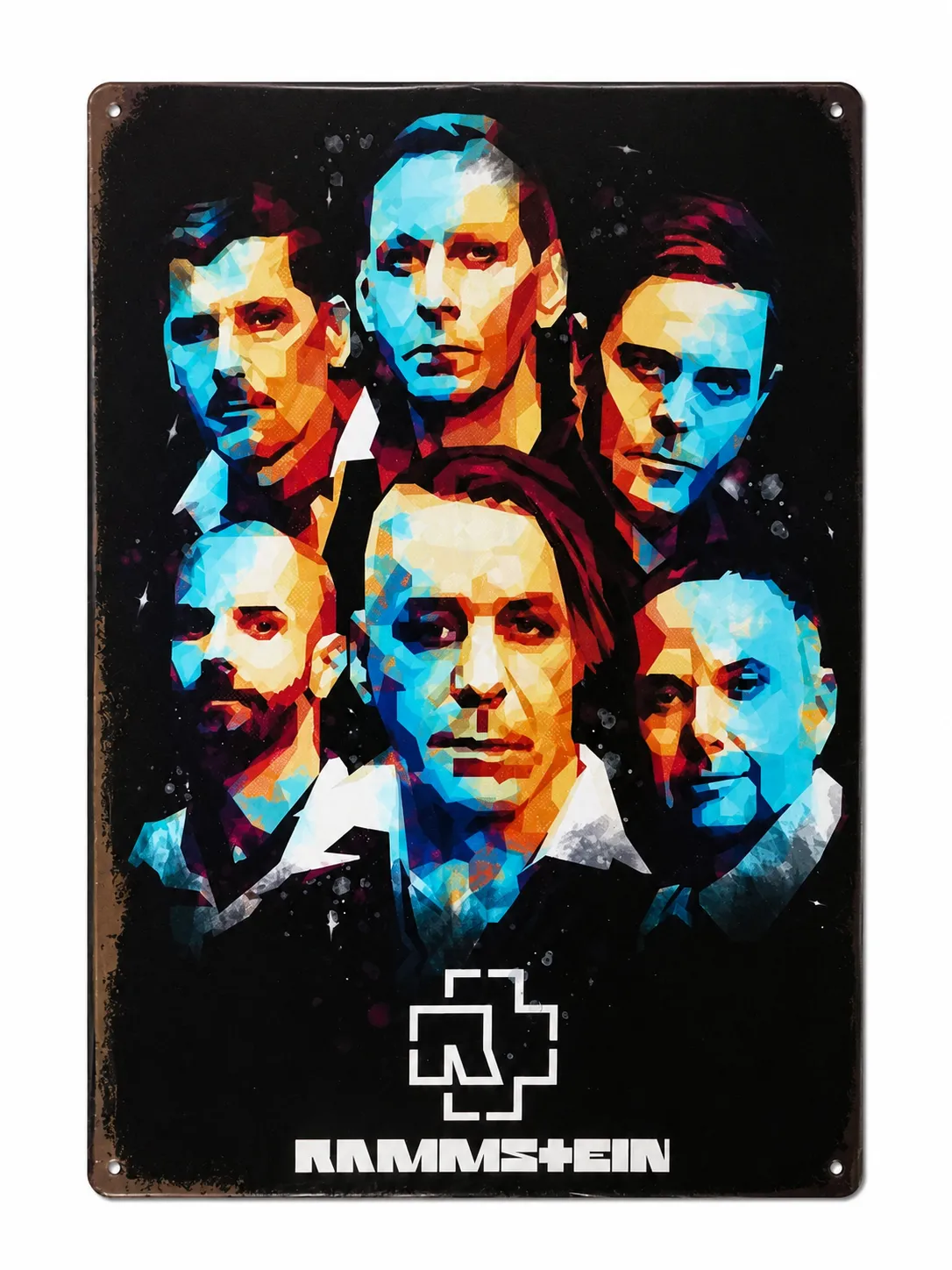 Рок декорация Rammstein с геометричен арт и ярко лого