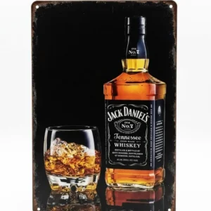 Декоративна метална табела jack daniels с чаша уиски и черен фон
