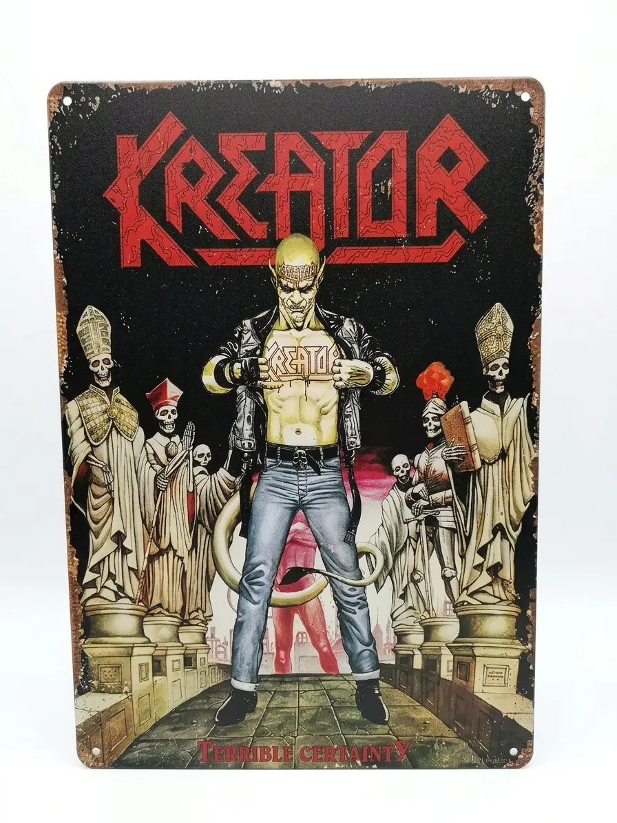 Модерна метална картина с групата Kreator с червено лого Terrible Certainty