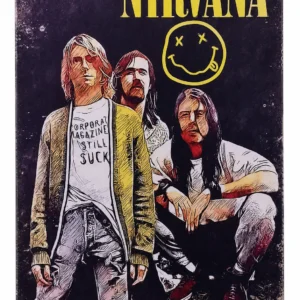 Метална табела Nirvana с рок групата и жълто лого
