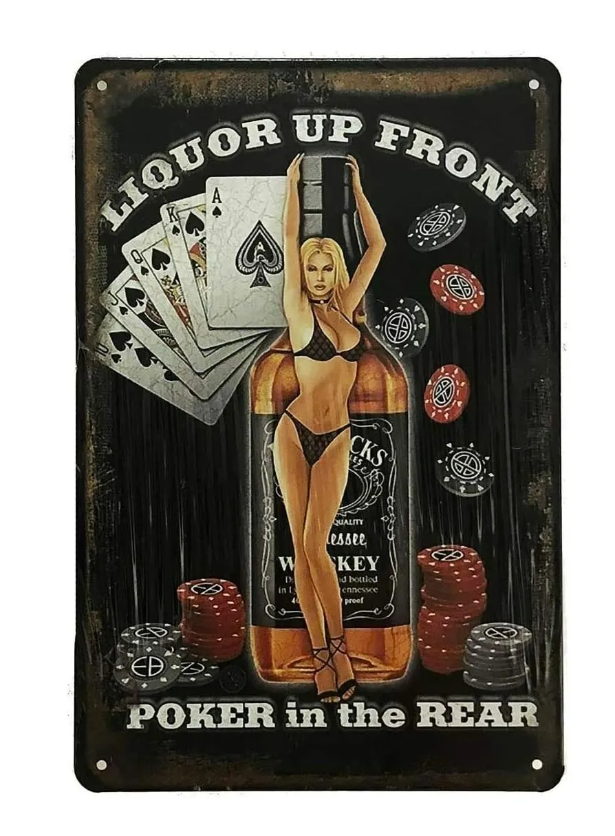 Ретро табела Liquors Poker с карти за игра и ретро бутилка