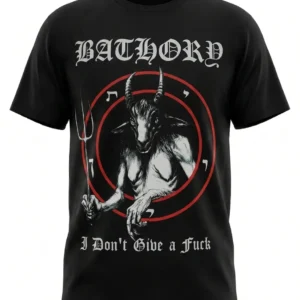 Метъл тениска с щампа Bathory и надпис I Don't Give a Fuck отпред