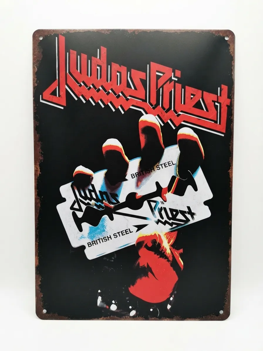 Декоративна табела Judas Priest British Steel с олекотен дизайн и легендарен рок печат за стена