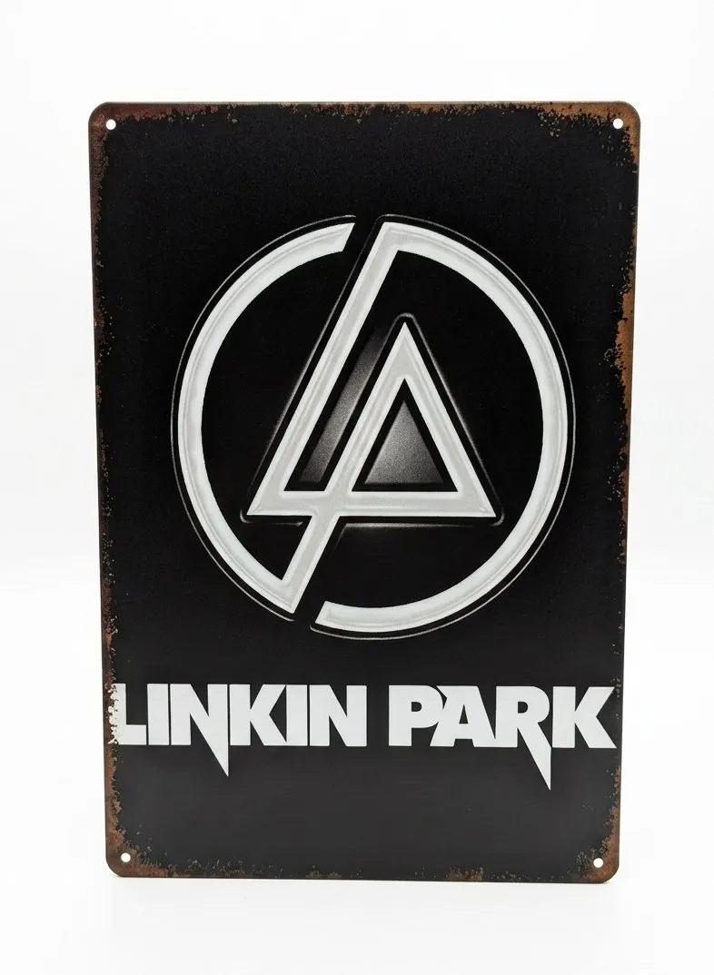 Стилна метална табела за стена Linkin Park с бяло лого на черен фон