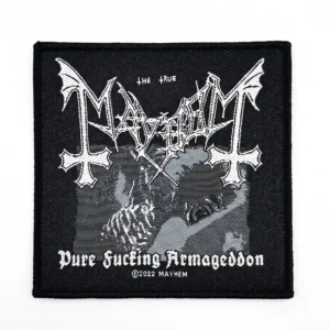Оригинална везана нашивка Mayhem Pure Fucking Armageddon с черен фон и бяло лого