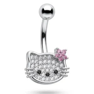 Детайлна стилна обеца за пъп Hello Kitty с розово цвете от медицинска стомана