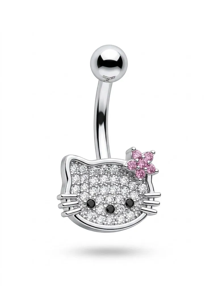 Детайлна стилна обеца за пъп Hello Kitty с розово цвете от медицинска стомана