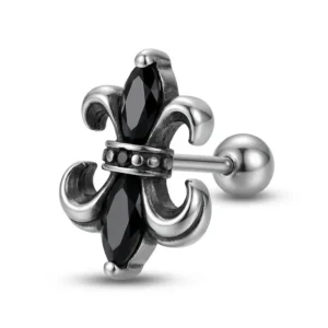 Готическа обеца Fleur-de-lis от медицинска стомана с черен кристал